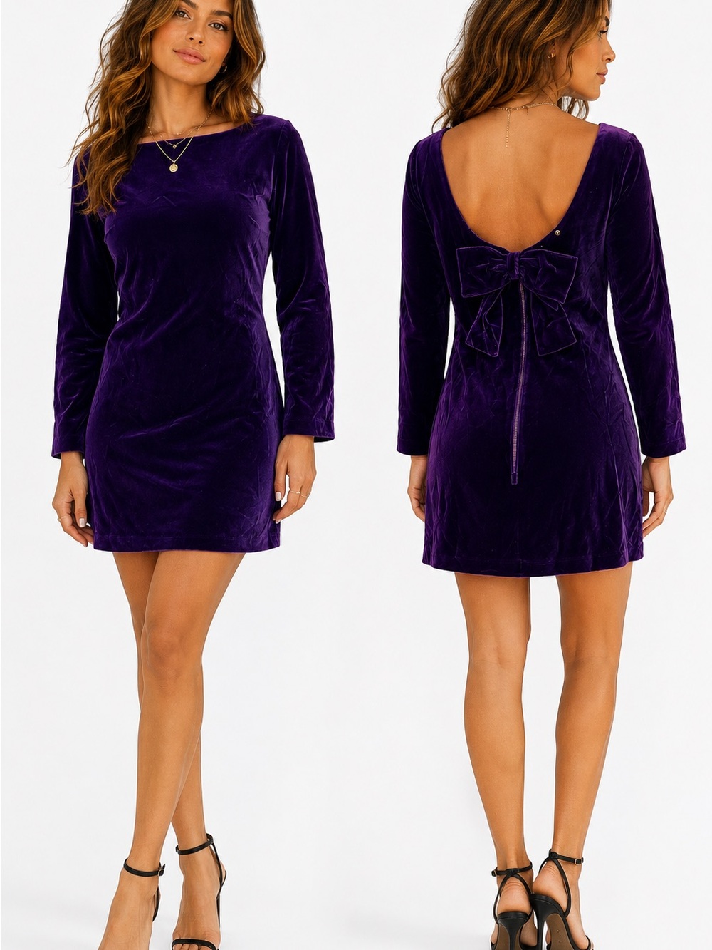 Vintage 90s Purple Velvet Mini Dress S Scoop Back Bow Long Sleeve Romantic Party